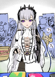  4others :3 ascot belt black_bridal_gauntlets black_horns braid breasts bridal_gauntlets cleavage comiket commentary_request cowboy_shot cross-laced_clothes cross-laced_top demon_girl demon_tail female grey_hair highres honey_strap horns jyaco large_breasts long_hair looking_at_viewer manga_(object) mole mole_under_eye multiple_others nanashi_inc. open_mouth pointy_ears purple_eyes sheep shirt side_braid single_braid skirt solo_focus sougetsu_eli tail tail_wagging very_long_hair virtual_youtuber white_ascot white_belt white_shirt white_skirt wide_sleeves 