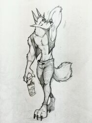  2024 3:4 anthro armpit_fetish armpit_lick armpit_play athletic athletic_anthro athletic_male big_muscles biped canid canine canis container cup fur hi_res holding_container holding_cup holding_object licking male mammal muscular piti_yindee solo tongue walking_towards_viewer white_body white_fur wolf 