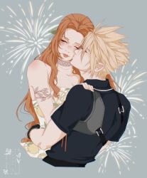  1boy aerith_gainsborough aerith_gainsborough_(citric_dress) arm_around_waist armlet armor bare_shoulders black_sailor_collar black_shirt black_wristband blonde_hair blush breasts brown_hair choker closed_eyes cloud_strife cloud_strife_(maritime_sailor) couple cropped_torso dress female final_fantasy final_fantasy_vii final_fantasy_vii_ever_crisis fireworks green_ribbons grey_background hair_between_eyes hair_ribbon half_updo hand_on_another&#039;s_shoulder jewelry kissing kissing_cheek long_hair medium_breasts official_alternate_costume orange_print parted_bangs print_dress ribbon sailor_collar shanlieart shirt short_hair short_sleeves sidelocks smile spiked_hair straight strapless strapless_dress upper_body wavy_hair 