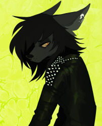  amber_eyes anthro black_hair canid canine canis clothing female hair hi_res humanoid jacket jenna_(ryn) leather leather_clothing leather_jacket leather_topwear looking_at_viewer mammal piercing riikaruh_(artist) solo spiked_jacket topwear wolf 