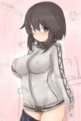  bad_id bad_twitter_id black_skirt breasts brown_hair covered_nipples covered_pussy cowboy cowboy_shot female grey_eyes hair_between_eyes hayasui_(kancolle) heart jacket kantai_collection large_breasts long_sleeves looking_at_viewer okiraku_nikku one-hour_drawing_challenge panties pleated_skirt short_hair skirt solo spoken_heart third-party_source track_jacket underwear unworn_panties white_panties 