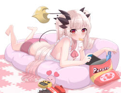  aitsugawa_rui barefoot bean_bag_chair black_horns blush bow bowtie chips_(food) commentary_request creature demon_girl demon_horns demon_tail eating female food frilled_shirt frills full_body handheld_game_console highres horns indie_virtual_youtuber long_hair looking_at_viewer lying medium_bangs nintendo_switch on_stomach pink_bow pink_bowtie pink_hair pink_shorts potato_chips red_eyes shirt shorts sleeveless sleeveless_shirt solo suou_patra tail the_pose tongs twintails very_long_hair virtual_youtuber white_shirt 