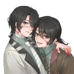  2boys arm_around_shoulder black_hair blood blood_on_face blood_on_hands brown_jacket chinese_commentary collared_shirt commentary_request glasses green_necktie green_shirt hair_ornament hairclip highres jacket jiangbuxizhouzhouzhou liu_qingcheng male_focus mole mole_under_eye mole_under_mouth multiple_boys multiple_moles necktie open_clothes open_jacket open_mouth rectangular_eyewear semi-rimless_eyewear shi_zhaoying shirt short_hair smile striped_necktie touqi_guaitan white_jacket white_necktie 