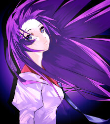  bakemonogatari blue_eyes blue_necktie breasts collared_shirt commentary eyelashes female floating_hair forehead from_side highres juliet_sleeves kyrimaru2 long_hair long_sleeves looking_at_viewer medium_breasts monogatari_(series) naoetsu_high_school_uniform necktie parted_lips puffy_sleeves purple_hair purple_shirt school_uniform senjougahara_hitagi shirt sidelocks solo upper_body very_long_hair 