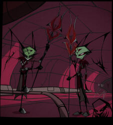  alien antennae_(anatomy) bladed_weapon boots clothing darkryn_(artist) duo eyelashes female female/female footwear gloves grin hallway handwear hi_res humanoid invader_zim irken nickelodeon shoes skylar_(ryn) smile surgical_suture uniform vyk_(ryn) 