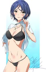  ass bikini black_bikini blue_hair blush breasts cowboy_shot female hayami_kanade hip_bones idolmaster idolmaster_cinderella_girls jewelry large_breasts light_blush narrow_waist navel out_of_frame pendant short_hair signature simple_background solo swimsuit taku1122 undressing yellow_eyes 