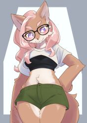  2024 anthro blush bottomwear breasts canid canine canis clothed clothing crop_top cute_fangs digital_media_(artwork) domestic_dog eyewear fangs female female_anthro fur glasses hair hand_on_hip kemono long_hair looking_at_viewer low-angle_view mammal midriff shirt shorts solo tail teeth topwear unousaya wearing_glasses 