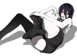  aiomita01 ass black_choker black_hair black_shorts black_thighhighs blush chainsaw_man choker collared_shirt eyelashes feet female foot_out_of_frame grey_eyes hair_between_eyes hands_up highres legs long_hair looking_at_viewer lying no_shoes on_back open_mouth removing_legwear reze_(chainsaw_man) see-through see-through_legwear shadow shirt short_shorts shorts simple_background sleeveless sleeveless_shirt soles solo thighhighs thighs toes tongue tongue_out white_background white_shirt 