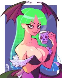  arm_under_breasts bare_shoulders bat_wings blue_background blue_hair breasts bridal_gauntlets cleavage cup dated demon_girl eyeshadow female fur-trimmed_leotard fur_trim gradient_hair green_eyes green_hair halftone head_wings highres holding holding_cup jaliet_exe large_breasts long_hair looking_at_viewer makeup morrigan_aensland multicolored_hair off-shoulder_leotard pantyhose parted_bangs purple_pantyhose smile solo steam upper_body vampire_(game) wings 