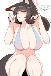  animal_ear_fluff animal_ears artist_request bare_shoulders bikini black_nails blue_archive blue_bikini blush breasts brown_hair collarbone commentary_request eyeshadow feet_out_of_frame female fox_ears fox_shadow_puppet fox_tail gradient_bikini halo highres huge_breasts korean_commentary korean_text long_hair makeup nail_polish navel one_eye_closed open_mouth red_bikini red_eyeshadow red_halo simple_background small_sweatdrop solo speech_bubble squatting stomach swimsuit tail translation_request wakamo_(blue_archive) white_background yellow_eyes 