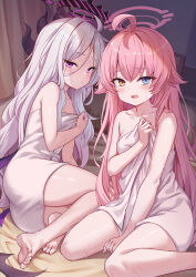  2girls ahoge ass bare_arms bare_legs bare_shoulders barefoot blue_archive blue_eyes blush breasts chinese_commentary closed_mouth collarbone commentary_request demon_wings dot_nose feet full_body hair_between_eyes halo heterochromia highres hina_(blue_archive) horns hoshino_(blue_archive) indoors knees long_hair looking_at_viewer milkshakework multiple_girls naked_towel navel open_mouth petite pink_hair pink_halo purple_eyes sitting small_breasts soles thighs toes towel variant_set very_long_hair wariza wet white_hair white_towel wings yellow_eyes 