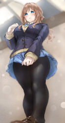  :t absurdres black_pantyhose blue_eyes blue_jacket blue_ribbon blue_skirt blurry blurry_background blush breasts brown_footwear brown_hair brown_sweater buttons closed_mouth collared_shirt commentary feet_out_of_frame female from_below gakuen_idolmaster hair_bun hand_on_own_chest hand_up highres himesaki_rinami hundred_brazil idolmaster jacket large_breasts loafers long_hair long_sleeves looking_at_viewer looking_down miniskirt neck_ribbon pantyhose pleated_skirt pout ribbon school_uniform shirt shoes side_up_bun sidelocks single_side_bun skirt skirt_tug solo standing sweater upskirt white_shirt 