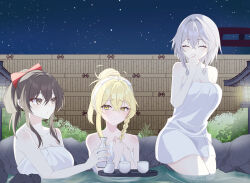  3girls absurdres alternate_costume alternate_hairstyle blonde_hair bow braid brown_eyes brown_hair closed_eyes closed_mouth commentary_request covering_own_mouth grey_hair hair_bun hairbow hakurei_reimu highres izayoi_sakuya kirisame_marisa long_hair multiple_girls naked_towel night night_sky no_headwear onsen red_bow side_braid single_braid sky star_(sky) tokkuri touhou towel tray twin_braids wa_layla white_towel wooden_wall yellow_eyes 