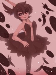  ahoge arm_up bad_id bad_pixiv_id ballerina bare_shoulders black_dress black_hair center_opening collarbone colors! colors!_(medium) dress feathers female kaipanella looking_at_viewer nail_polish navel pantyhose pink_background princess_kraehe princess_tutu red_eyes rue_(princess_tutu) short_hair simple_background smile solo tutu 