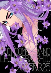  1boy alstroemeria_(flower) black_shirt blue_eyes center_opening character_name commentary_request covered_mouth cross-laced_clothes eyelashes flower flower_in_mouth hair_flower hair_ornament jojo_no_kimyou_na_bouken kankitsu_(94rz) leone_abbacchio long_hair looking_at_viewer male_focus mouth_hold plunging_neckline purple_flower purple_hair shirt solo straight_hair upper_body 