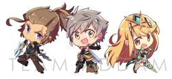  2boys addam_origo aegis_sword_(xenoblade) armor blonde_hair boots breasts brown_hair chibi commentary dual_wielding female gloves gun handgun highres holding long_hair looking_at_viewer minoth_(xenoblade) multiple_boys mythra_(xenoblade) open_mouth pauldrons ponytail shirohunter short_hair shoulder_armor simple_background smile sword weapon white_hair xenoblade_chronicles_(series) xenoblade_chronicles_2 xenoblade_chronicles_2:_torna_-_the_golden_country yellow_eyes 