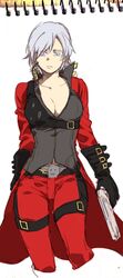  :3 belt black_gloves blue_eyes breasts cleavage collarbone commentary_request dante_(devil_may_cry) devil_may_cry_(series) devil_may_cry_2 ebony_&amp;_ivory female fuka_(kirrier) genderswap_(mtf) gloves gun large_breasts pants popped_collar rule_63 silver_hair solo weapon 