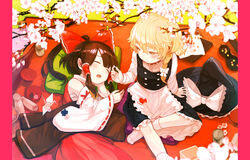  2girls aged_down alcohol animal apron bad_id bad_pixiv_id bird blanket blonde_hair blush bottle bow bowl braid brown_hair cherry_blossoms commentary_request cup detached_sleeves dress eurasian_tree_sparrow flower hair_ornament hair_ribbon hair_tubes hairbow hakurei_reimu hat kirisame_marisa long_hair masu multiple_girls mystia_lorelei mystia_lorelei_(bird) nontraditional_miko okari open_mouth origami paper_crane petals pillarboxed ponytail ribbon sakazuki sake sarashi short_hair sleeping smile socks sparrow tokkuri touhou witch_hat yellow_eyes 