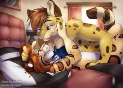  2016 anthro bed bedroom blue_eyes bra brown_eyes brown_hair charm_(disambiguation) clothing cuddling duo feathers felid feline female furniture hair inside jewelry kabscorner leopardus lying male mammal margay necklace ocelot orange_hair panties serval spots tartii underwear 