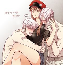  2boys aa-5100 abs bad_id bad_twitter_id bare_pectorals belt black_shirt blush boy_sandwich breasts brown_eyes brown_hair cabbie_hat closed_eyes covered_eyes crossed_legs denim denim_shorts female group_sex hair_over_eyes hat hataraku_saibou hug long_hair medium_breasts misuki_op1155 mmf_threesome multiple_boys name_tag pants parted_bangs pectorals red_blood_cell_(hataraku_saibou) red_hat sandwiched shirt short_hair short_shorts shorts sigh sitting straight sweat sweatdrop t-shirt threesome translated u-2048 u-2626 white_blood_cell_(hataraku_saibou) white_hair 