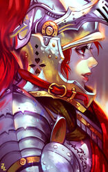  armor breastplate buckle commentary eyelashes female filigree helmet highres knight lips looking_to_the_side original paladin pale_skin parted_lips pauldrons photoshop_(medium) plate_armor profile red_eyes red_hair red_lips rondel shoulder_armor smile solo visor_(armor) visor_lift zudarts_lee 