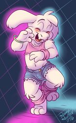  2016 5:8 absurd_res anthro asriel_dreemurr barefoot biped blush boss_monster_(undertale) bottomwear bovid bracelet caprine closed_eyes clothed clothing crop_top dancing disco family_guy feet femboy front_view goat hi_res jasper_(family_guy) jewelry male mammal midriff open_mouth roarey_raccoon shirt shorts signature simple_background smile solo tank_top topwear undertale undertale_(series) young young_anthro 