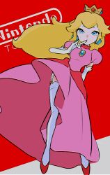  arm_behind_back blonde_hair blue_brooch blue_eyes breasts brooch commentary crown double-parted_bangs dress earrings elbow_gloves female floating_hair garter_straps gloves imaikuy0 jewelry logo long_hair looking_at_viewer mario_(series) medium_breasts nintendo pink_dress pink_lips princess princess_peach puffy_short_sleeves puffy_sleeves red_footwear short_sleeves solo symbol-only_commentary thighhighs white_gloves white_thighhighs 