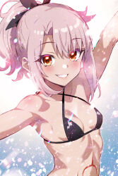  ai-generated arm_up armpits bikini blush breasts chloe_von_einzbern command_spell criss-cross_halter fate/grand_order fate/kaleid_liner_prisma_illya fate_(series) female halterneck hanagata_kai light_blush multicolored_eyes sidelocks small_breasts smile solo swimsuit teeth type-moon 