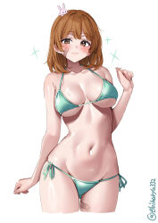  animal_on_head artist_name ass_visible_through_thighs bandaid bandaid_on_face bandaid_on_thigh bare_shoulders bikini blush breasts brown_eyes brown_hair closed_mouth collarbone cropped_legs ebifurya female groin hand_up highres kantai_collection looking_at_viewer medium_breasts medium_hair navel oboro_(kancolle) on_head one-hour_drawing_challenge rabbit side-tie_bikini_bottom sidelocks simple_background sparkle stomach strap_gap swimsuit thighs twitter_username underboob white_background 