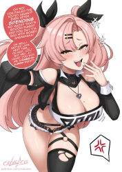  anger_vein artist_name bare_shoulders black_ribbon black_shorts blush breasts cleavage clothing_cutout crop_top cslucaris cutoffs female green_eyes hair_ornament hair_ribbon hairclip heart heart_necklace highres jewelry large_breasts laughing long_hair looking_at_viewer micro_shorts mole mole_on_breast mole_on_thigh multicolored_nails navel necklace nicole_demara open_mouth pink_hair ribbon shorts shoulder_cutout single_thighhigh smile smug solo speech_bubble spoken_anger_vein strapless thighhighs torn_clothes torn_thighhighs tube_top two_side_up white_background white_tube_top zenless_zone_zero 