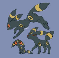  ambiguous_gender black_body black_fur eeveelution feral fur generation_2_pokemon hi_res markings mochiri narrowed_eyes nintendo pokemon pokemon_(species) red_sclera ring_(marking) scared solo umbreon yellow_markings 