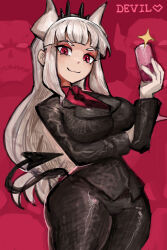  :3 arm_under_breasts ass_visible_through_thighs black_tail blush breasts business_suit cowboy_shot cup demon_girl demon_horns demon_tail drinking_glass female formal gloves hairband helltaker highres holding horns large_breasts long_hair looking_at_viewer lucifer_(helltaker) mole mole_under_eye necktie red_eyes red_shirt saiykik shirt skeleton_(helltaker) smile solo solo_focus spiked_hairband spikes standing suit tail thigh_gap thighs white_hair white_horns wide_hips wine_glass 