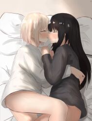  2girls absurdres black_hair black_shirt blonde_hair blush bottomless closed_eyes commentary_request cuddling highres imminent_kiss indoors inoue_takina long_hair long_sleeves lycoris_recoil lying multiple_girls nishikigi_chisato on_bed on_side parted_lips pillow s41ty shirt short_hair smile white_shirt yuri 