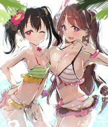  2girls :d ;) \m/ asymmetrical_docking bikini bikini_skirt black_hair blush breast_press breasts brown_hair cleavage closed_mouth collarbone commentary contrapposto cosplay cowboy_shot diffraction_spikes earrings flower fujishima_megumi green_bikini grey_bikini hair_bobbles hair_ornament hand_on_own_hip highres in-franchise_crossover jewelry large_breasts light_particles link!_like!_love_live! long_hair looking_at_viewer love_live! love_live!_school_idol_project medium_hair multiple_girls official_alternate_costume one_eye_closed open_mouth pink_flower pinstripe_bikini purple_eyes red_eyes shouma_(1026syoma) small_breasts smile split_mouth star_(symbol) star_earrings striped_bikini striped_clothes swimsuit trait_connection twintails two_side_up yazawa_nico yazawa_nico_(cosplay) 