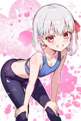  ai-generated bob_cut choppy_bangs collarbone fate/grand_order fate_(series) female flat_chest hanagata_kai kama_(fate) leaning_forward red_eyes short_hair smile sports_bra sportswear type-moon 