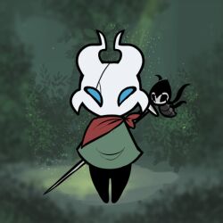  ambiguous_gender anthro arthropod black_body blue_eyes clothing digital_media_(artwork) duo hollow_knight insects jovi_cap scarf shirt team_cherry topwear tunic vessel_(species) weapon 