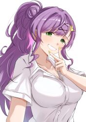  :d alternate_costume borrowed_design breasts cleavage collarbone collared_shirt commentary_request dress_shirt female green_eyes grin gyaru hair_bun hair_ornament highres ixianim kogal large_breasts link!_like!_love_live! long_hair love_live! otomune_kozue purple_hair rabbit_hair_ornament shirt short_sleeves side_ponytail sidelocks simple_background single_side_bun smile solo upper_body v_over_mouth virtual_youtuber white_background white_shirt x_hair_ornament 