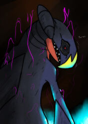  2024 ambiguous_gender cave digital_media_(artwork) energy english_text garchomp generation_4_pokemon glowing looking_at_viewer nintendo open_mouth pokemon pokemon_(species) pokemon_mystery_dungeon red_eyes sawlamander sharp_teeth solo sound_effects spike_chunsoft standing teeth text white_text 