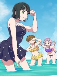  3: 3girls :d ;d =_= anyoji_hime arm_up arms_up asymmetrical_bikini bikini black_hair black_one-piece_swimsuit black_ribbon blonde_hair blue_sky blunt_bangs blush breasts brown_hair casual_one-piece_swimsuit center-flap_bangs closed_mouth collarbone commentary_request contrapposto cowboy_shot day frilled_bikini frilled_one-piece_swimsuit frills gradient_hair green_eyes hair_ornament hair_ribbon hairclip half_up_braid half_updo highres kachimachi_kosuzu leaning_forward link!_like!_love_live! long_hair love_live! matsu_038 medium_breasts medium_hair momose_ginko multicolored_hair multiple_girls navel no_jacket official_alternate_costume official_alternate_hairstyle one-piece_swimsuit one_eye_closed open_mouth outdoors pink_eyes pink_hair polka_dot_one-piece_swimsuit purple_bikini ribbon short_hair sidelocks sky smile split_mouth stomach straight_hair swept_bangs swimsuit swimsuit_skirt very_long_hair wading water yellow_bikini 