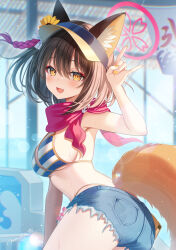  animal_ears ass bare_shoulders bikini blue_archive blue_bikini blue_shorts blush breasts brown_hair commentary_request cutoffs denim denim_shorts eyeliner female flower fox_ears fox_girl fox_tail hair_between_eyes hair_flower hair_ornament halo highres izuna_(blue_archive) izuna_(swimsuit)_(blue_archive) looking_at_viewer makeup medium_breasts myusha open_mouth partial_commentary pink_scarf scarf short_hair short_shorts shorts smile solo striped_bikini striped_clothes sunflower sunflower_hair_ornament swimsuit tail thighs visor_cap yellow_eyes 