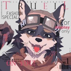  1:1 2022 black_body black_eyes black_fur canid canine canis cover digital_media_(artwork) digital_painting_(artwork) eyewear eyewear_on_head fur goggles goggles_on_head hi_res looking_at_viewer magazine_cover male mammal open_mouth solo viosgit white_body white_fur wolf 