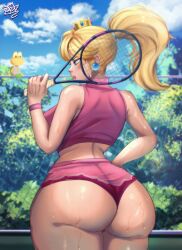  absurdres ass blonde_hair blue_sky breasts crop_top crown dolphin_shorts earrings highres huge_ass jebjebbz jewelry koopa_troopa large_breasts princess_peach racket shorts single_earring sky sweatdrop tennis_peach tennis_racket thick_lips tree wet 