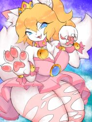  anthro bell bell_collar blonde_hair blue_eyes clothing collar crown cute_fangs dress fangs felid feline female fishkittn fluffy fluffy_tail fur hair headgear hi_res inner_ear_fluff legwear mammal mario_bros nintendo pawpads paws princess_peach sky solo star starry_sky tail teeth thigh_highs tights torn_clothing torn_legwear torn_tights tuft white_body white_fur 