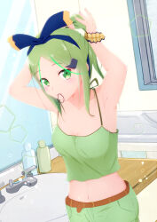  22/7 absurdres arms_behind_head bare_shoulders bathroom belt blue_hairband blush bow bow_hairband breasts brown_belt camisole cleavage closed_mouth cowboy_shot dutch_angle female furoggu-gaburi green_camisole green_eyes green_hair green_shorts hair_ornament hair_tie_in_mouth hairband hairbow hairclip half_updo hands_up high_ponytail highres indoors kiryu_touko lens_flare light_particles looking_at_viewer mirror mouth_hold navel parted_bangs shorts sink soap_bottle solo two-tone_bow tying_hair window 