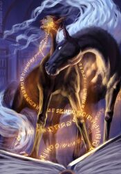  2016 black_body black_fur blue_sclera book bookshelf ceiling chirun colored deity digital_media_(artwork) digital_painting_(artwork) duo equid equine eyebrows eyelashes female female_feral feral flowing_mane fur furniture hooves horse inside light lighting lips long_mane long_tail magic magic_user maizy_(pixelmorpher1) male male_feral mammal mane mid_transformation mouth_closed open_book open_mouth purple_eyebrows red_lips shaded standing tail tan_body tan_skin teeth text transformation unguligrade url wall_(structure) white_eyes white_mane white_tail yellow_eyes 