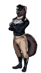  2024 absurd_res anthro biped black_eyes brown_body brown_fur burrows_(captain_nikko) captain_hat clothing colt_(captain_nikko) crossed_arms fingerless_gloves fur gloves handwear hi_res looking_up male mammal mustelid netiterator otter slim_anthro slim_male solo standing 