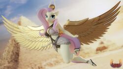  absurd_res anthro anthrofied blue_eyes clothing deity egyptian egyptian_clothing egyptian_mythology equid equine female fluttershy_(mlp) flying footwear friendship_is_magic hair hasbro headpiece hi_res loveslove mammal middle_eastern_mythology my_little_pony mythological_creature mythological_equine mythology pegasus pink_hair ra sandals shoes wings yellow_body 