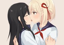  2girls black_hair black_sailor_collar blonde_hair closed_eyes commentary_request french_kiss hair_ribbon hand_on_another&#039;s_arm hand_on_another&#039;s_back highres inoue_takina kissing long_hair looking_at_another lycoris_recoil multiple_girls neckerchief nishikigi_chisato red_eyes red_neckerchief red_ribbon ribbon s41ty sailor_collar school_uniform serafuku shirt short_hair tongue tongue_out upper_body white_shirt yuri 