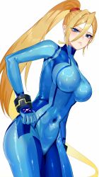  absurdres adjusting_clothes blonde_hair blue_bodysuit blue_eyes blue_gloves bodysuit breasts closed_mouth covered_navel cowboy_shot female from_below gloves hair_between_eyes hair_tie highres large_breasts leaning_forward long_hair looking_at_viewer metroid mole mole_under_mouth ponytail samus_aran shiny_clothes signature simple_background solo very_long_hair white_background yasaikakiage zero_suit 