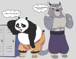  anthro bear belly bodily_fluids bottomwear clothed clothing dreamworks duo english_text felid giant_panda hypnokoo kung_fu_panda male male/male mammal master_po_ping overweight pantherine pants shorts snow_leopard sweat tai_lung_(kung_fu_panda) text topless topless_anthro topless_male towel 